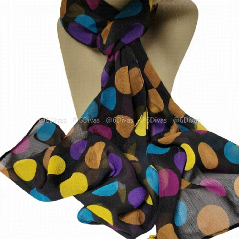 Vibrant Multicolor Polka Dots Scarf on a Black background